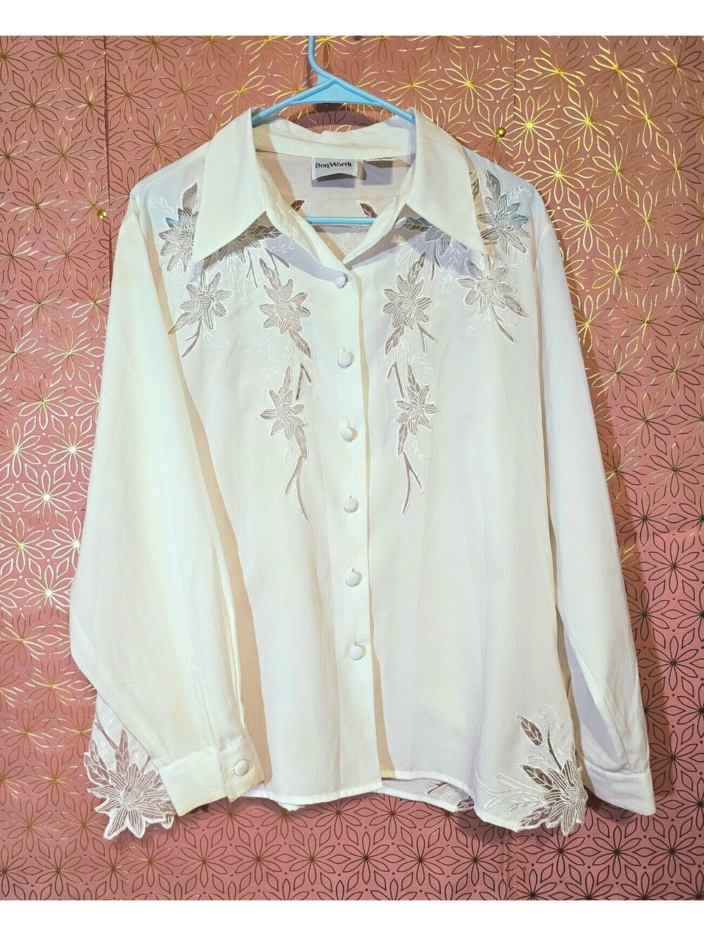 Stunning Vintage White Button Down with Embroidered Floral Cutouts